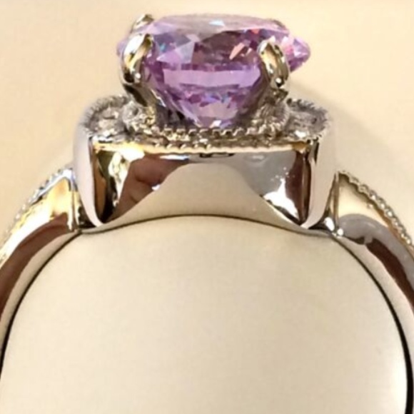 Silver Deco Amethyst Halo Cocktail Ring Size 10 Purple Cubic Zirconia Rodium - Picture 6 of 8